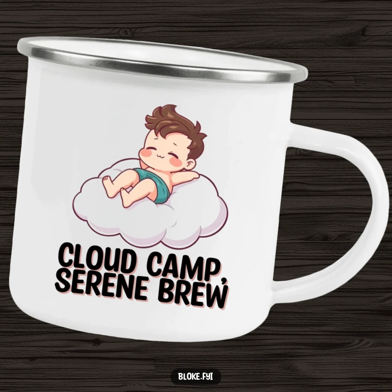 Funny camping mug showing a relaxed bloke character lounging playfully on a stylized cloud, ideal for relaxed outdoor drinks.