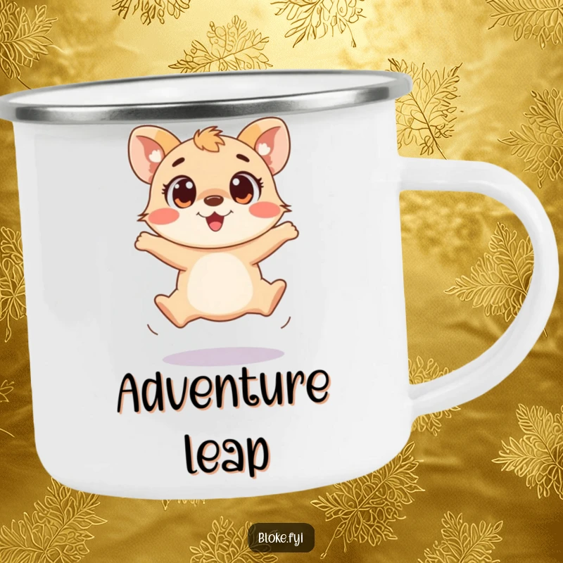 Funny camping mug with a playful animal making a clumsy jump with wide, excited eyes, ready for fun.