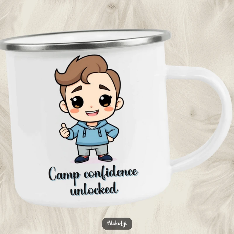 Funny camping mug of a simple guy with a cheeky grin striking a confident, humorous pose, ideal for outdoor drinks.