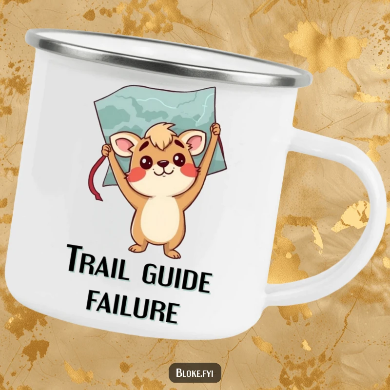 Funny camping mug featuring a confused bloke animal character holding a map upside down, ideal for outdoor adventures.