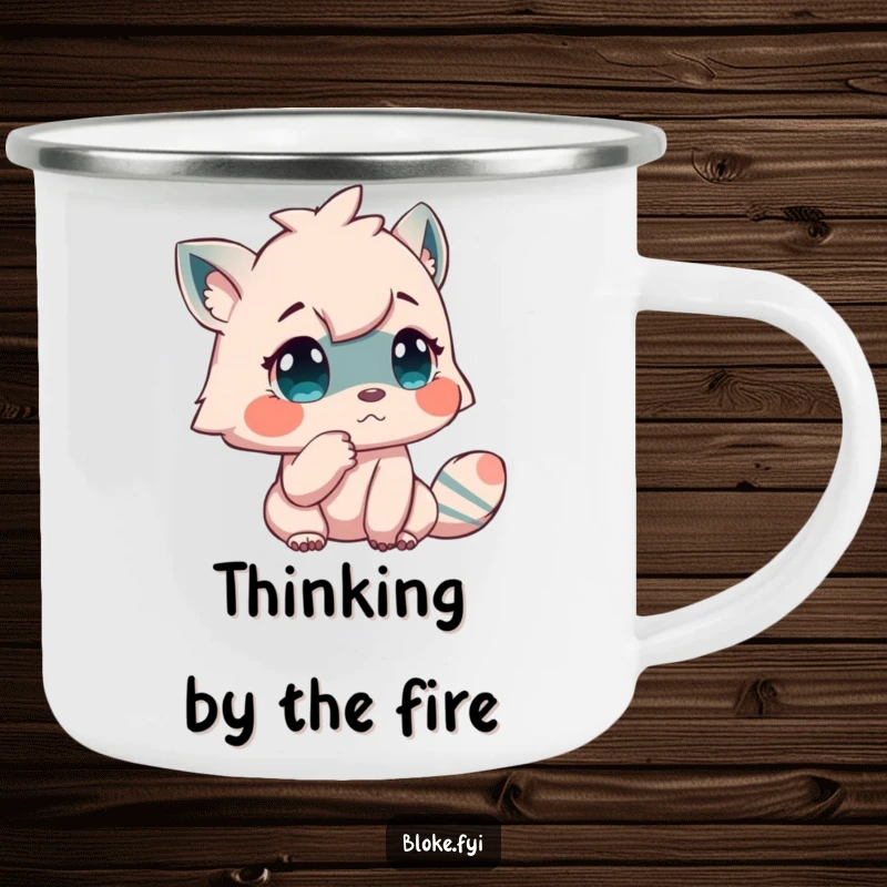 Funny camping mug with a creature tapping its chin thoughtfully, perfect for outdoor contemplation and humor.