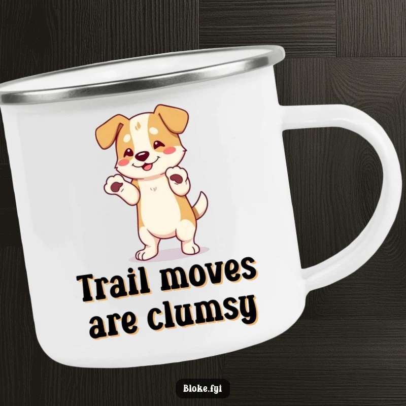 Funny Dog Camping Mug: A clumsy dog with oversized paws attempts a dance outdoors, bringing humor to campfire moments.