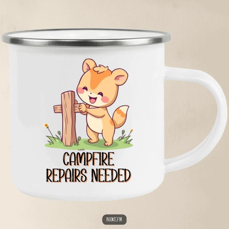 Funny camping mug with a happy animal character attempting to fix a wobbly fence post, perfect for outdoor projects and brews.