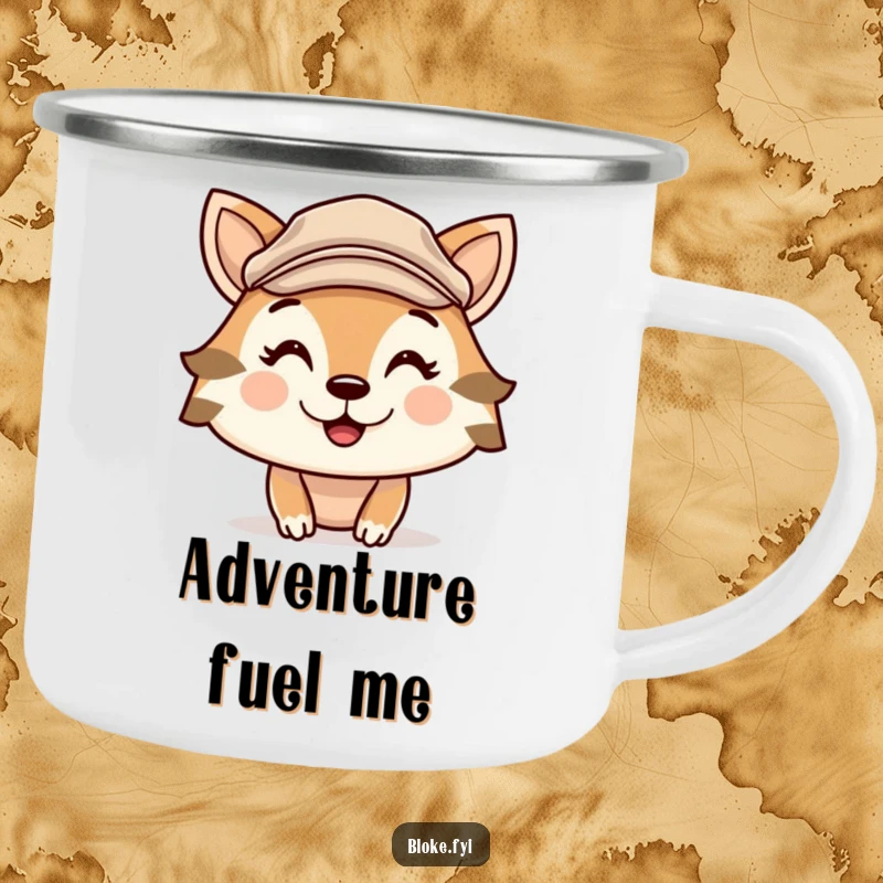 Funny camping mug showcasing a cute animal in a flat cap with a cheeky grin, perfect for outdoor enjoyment and humorous adventures.