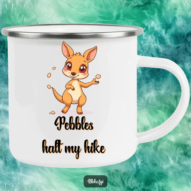 Funny kangaroo camping mug depicting a wide-eyed kangaroo juggling pebbles, ideal for outdoor beverage enjoyment.