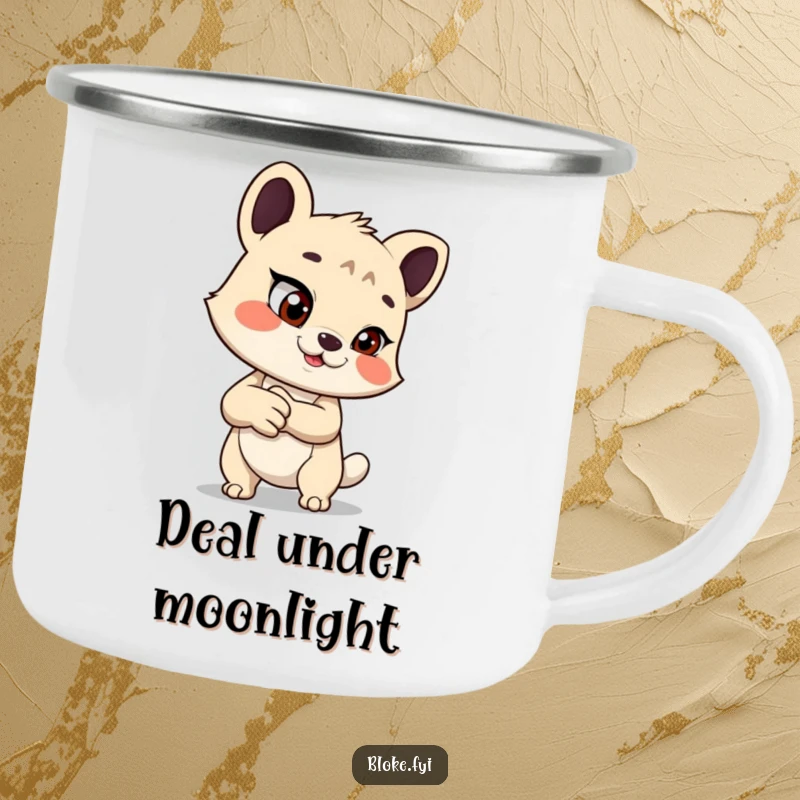 Funny camping mug with an animal offering a handshake with a mischievous glint, perfect for outdoor deals and humor.