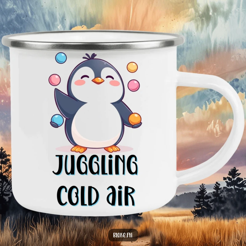 Funny Camping Mug showcasing a happy, pudgy penguin juggling items, perfect for outdoor adventures.