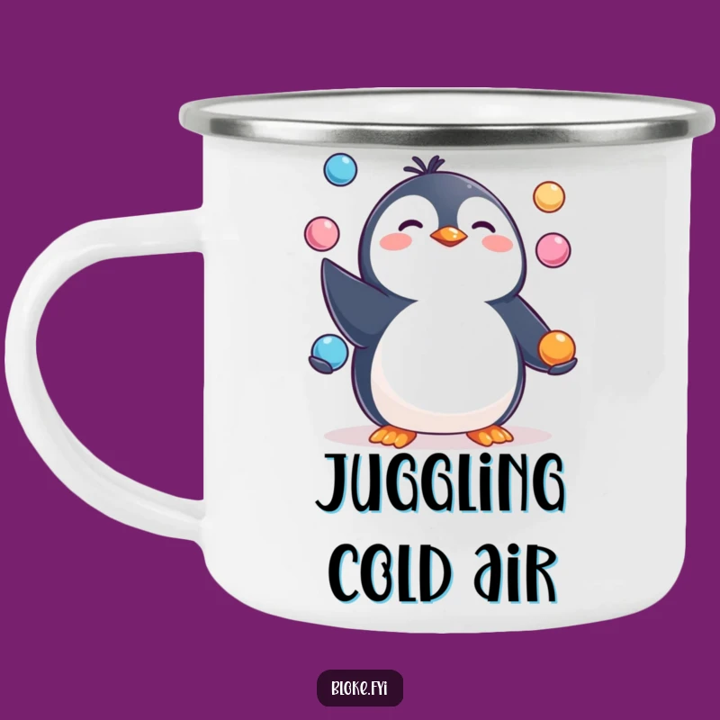 Funny Penguin Juggling Camping Mug: Happy Camper, Pudgy Skill, Outdoor Gift!