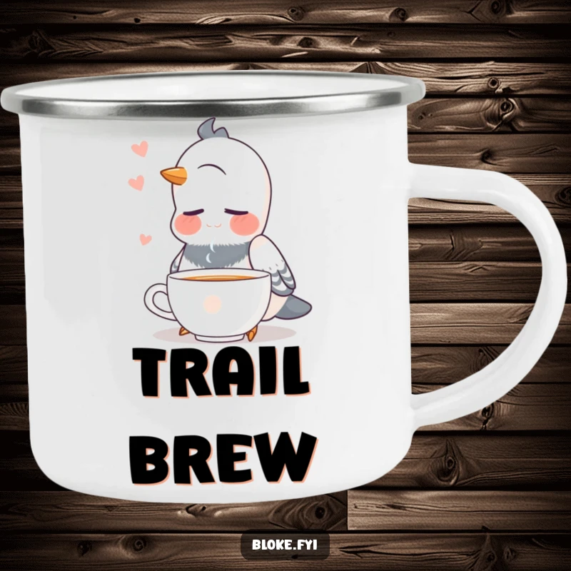 Funny pigeon with closed eyes, looking content while drinking tea, on a rugged camping mug.