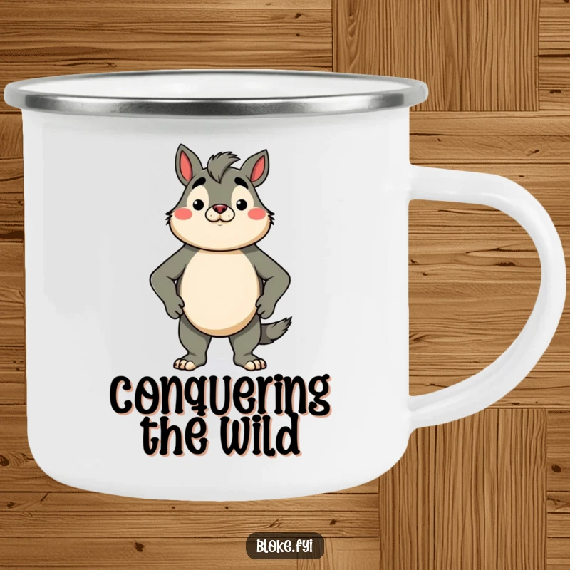 Funny camping mug featuring a proud bloke animal character standing tall with chest puffed out, perfect for outdoor confidence.