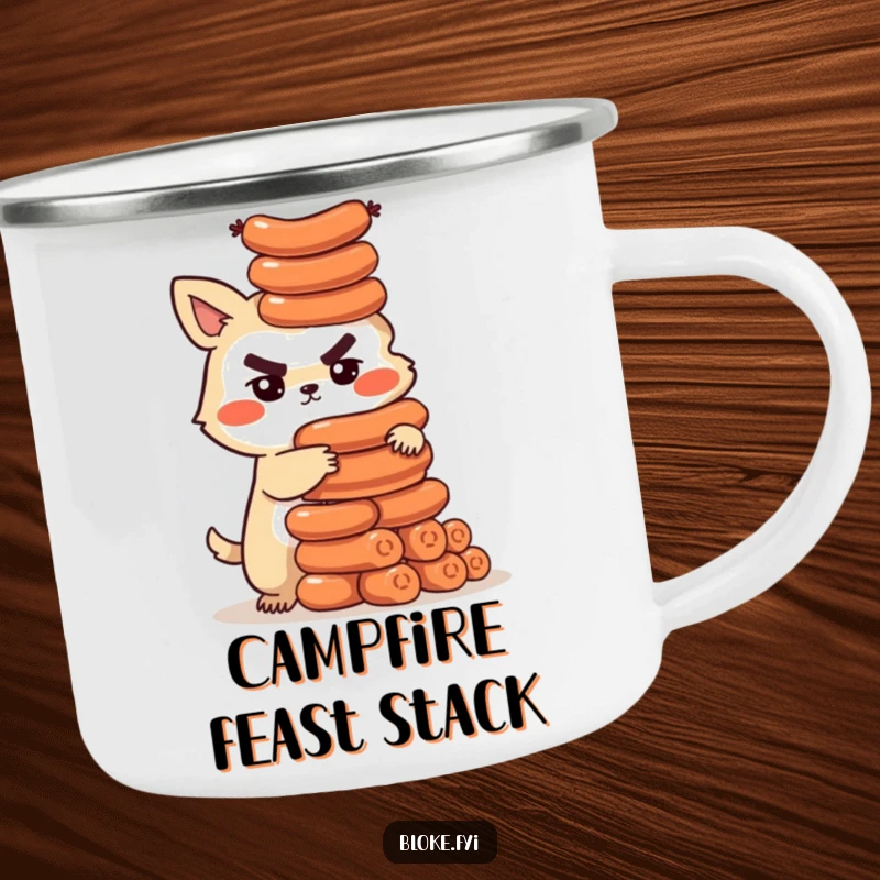 Funny camping mug featuring a determined bloke animal character building a tower of sausages, ideal for outdoor foodie fun.