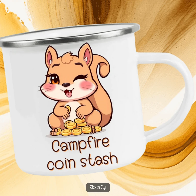 Funny squirrel winking mischievously while counting shiny coins, on a rugged camping mug.