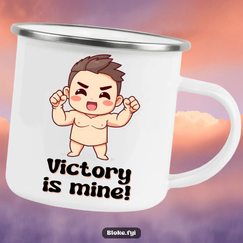 Funny Strong Character Camping Mug with a strong build, fist raised enthusiastically, embodying outdoor power and motivation.