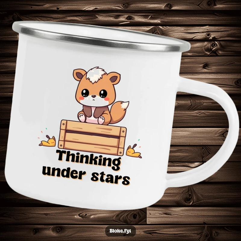 Funny camping mug featuring a stylized animal on a wooden crate, looking thoughtful, perfect for outdoor contemplation and humor.