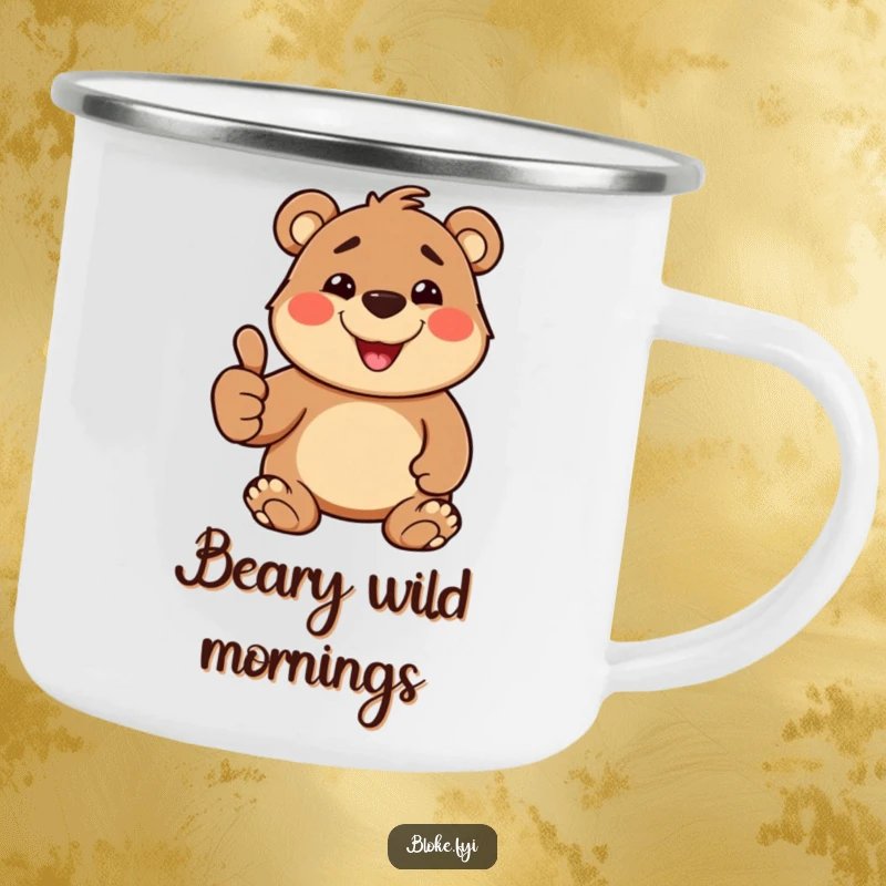 Funny Camping Mug showcasing a stout, happy bear character with a goofy grin and a thumbs-up, ready for adventure.