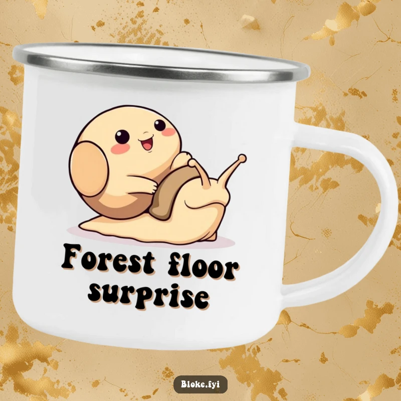 Funny camping mug featuring a bloke animal character comically tripping over a large, friendly snail, ideal for outdoor humor.