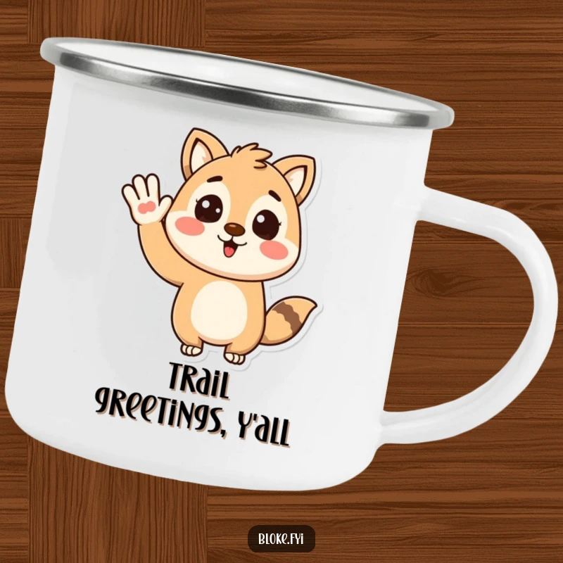 Funny camping mug with a stylized animal character giving an enthusiastic wave, ideal for enjoying drinks during outdoor adventures.