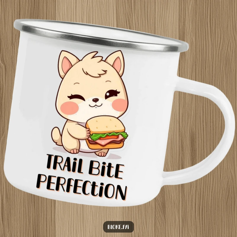 Funny camping mug featuring a winking bloke animal character holding a tiny, elaborate sandwich, ideal for outdoor gourmet humor.