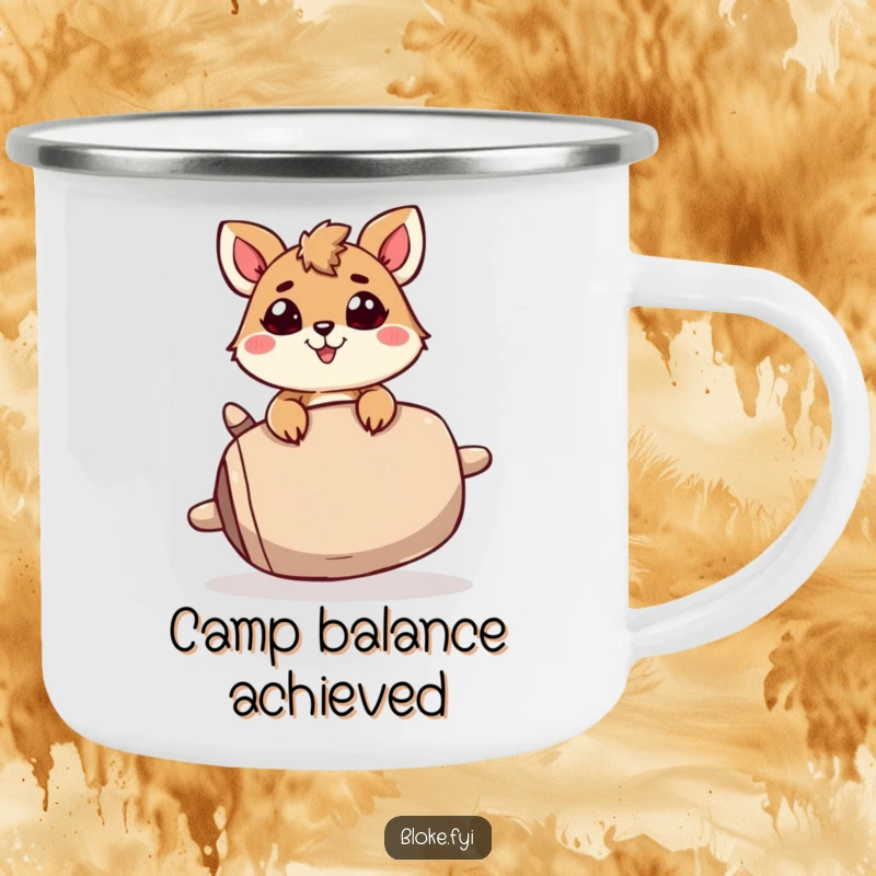 Funny Camping Mug: A determined animal character humorously balances a large, unstable object, ready for cheerful outdoor expeditions.