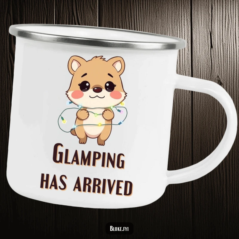 Funny camping mug featuring a bewildered bloke animal character hilariously tangled in a string of twinkling fairy lights, perfect for outdoor humor.