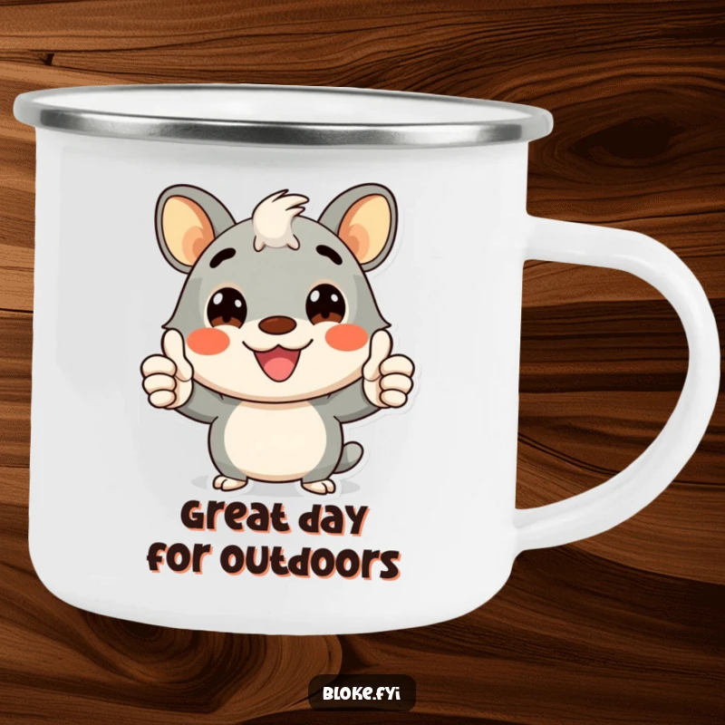 Funny camping mug showing a cheerful bloke animal character giving a double thumbs-up with a wide smile, perfect for outdoors.