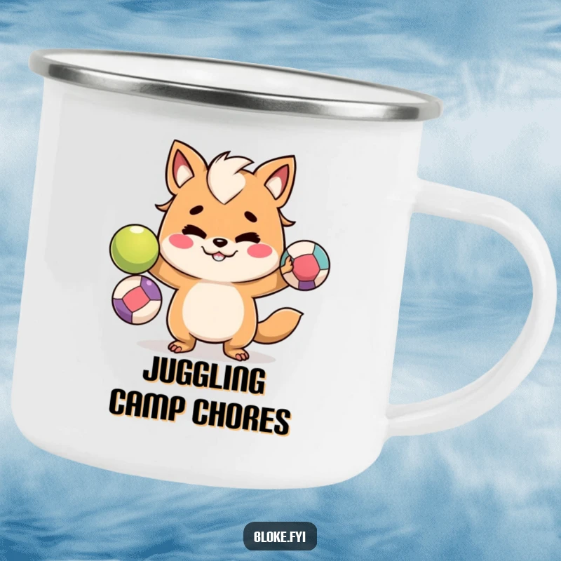 Funny camping mug showing a mischievous bloke animal character juggling colorful balls, perfect for outdoor adventures.