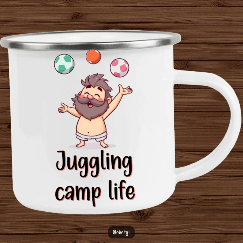 Funny camping mug showing a hairy bloke character comically juggling invisible balls, perfect for outdoor humor and drinks.