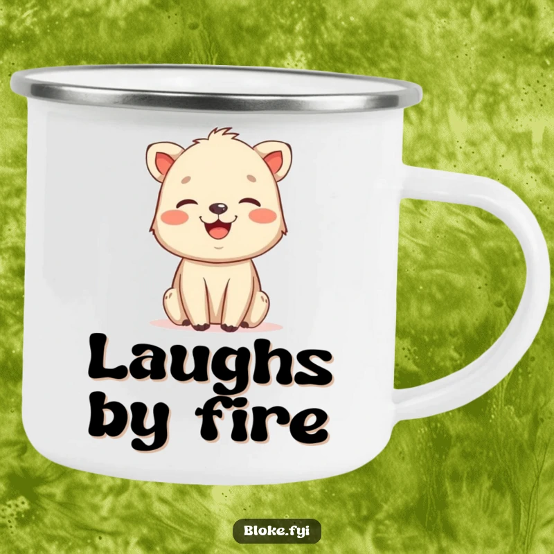 Funny camping mug with a friendly, slightly rough animal drawing laughing heartily, perfect for outdoor enthusiasts who love charming and humorous designs.