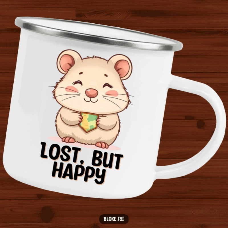 Funny wombat camping mug with a shyly smiling marsupial wearing a tiny map, perfect for outdoor use.