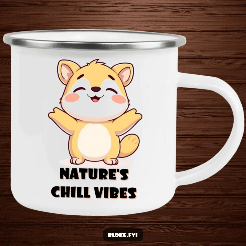 Funny Camping Mug: Durable mug with a happy animal shrugging its shoulders, perfect for relaxed outdoor sips.