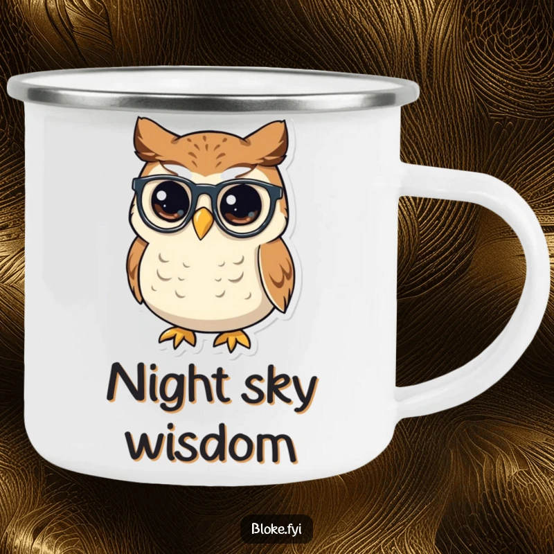 Funny small, round owl with a wise look tipping its spectacles, printed on a rugged and stylish camping mug.