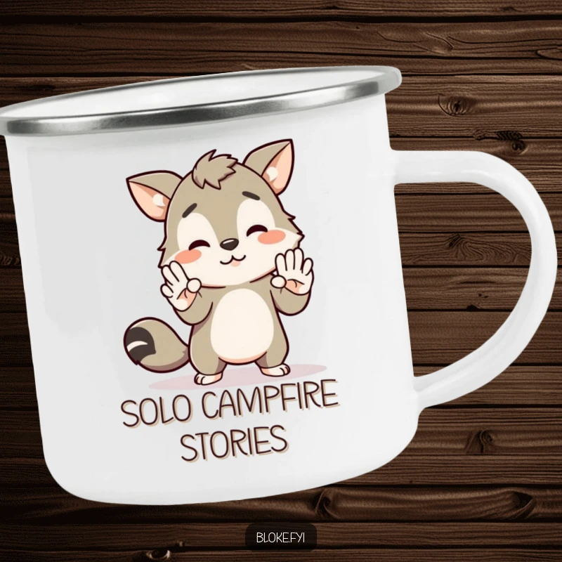 Funny camping mug featuring a bloke animal character awkwardly attempting to high-five thin air, perfect for outdoor social humor.