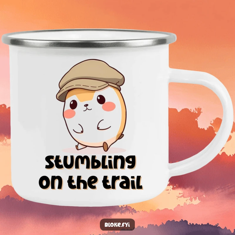 Funny camping mug with a small, round animal character comically tripping over its feet while wearing a comically large flat cap, ideal for outdoor laughs.