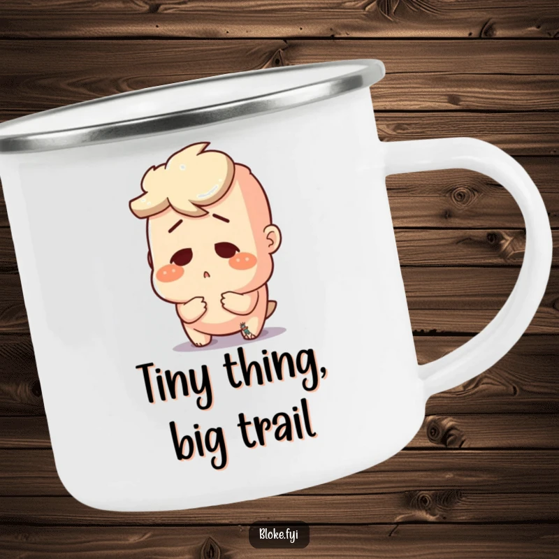 Funny camping mug showing a bloke character reacting with surprise to a small detail in nature.