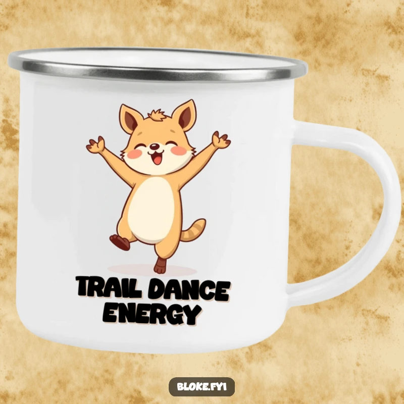 Funny Sturdy Animal Camping Mug showing a stout creature happily dancing, ready for outdoor adventures and morning coffee.