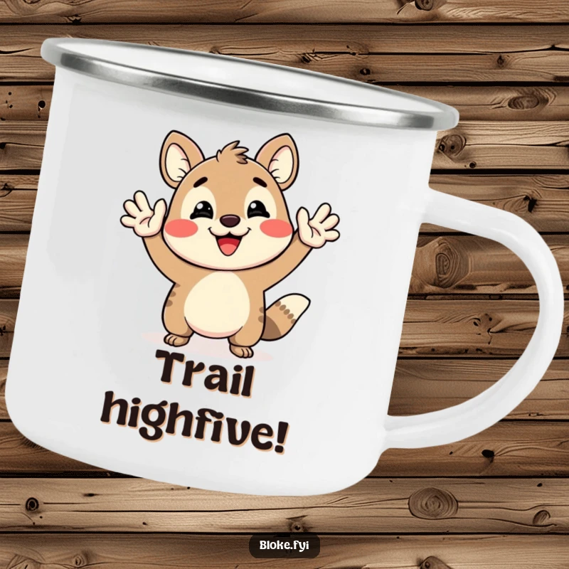 Funny Camping Mug showing a happy animal giving an exaggerated high-five, perfect for outdoor beverages and celebrations.
