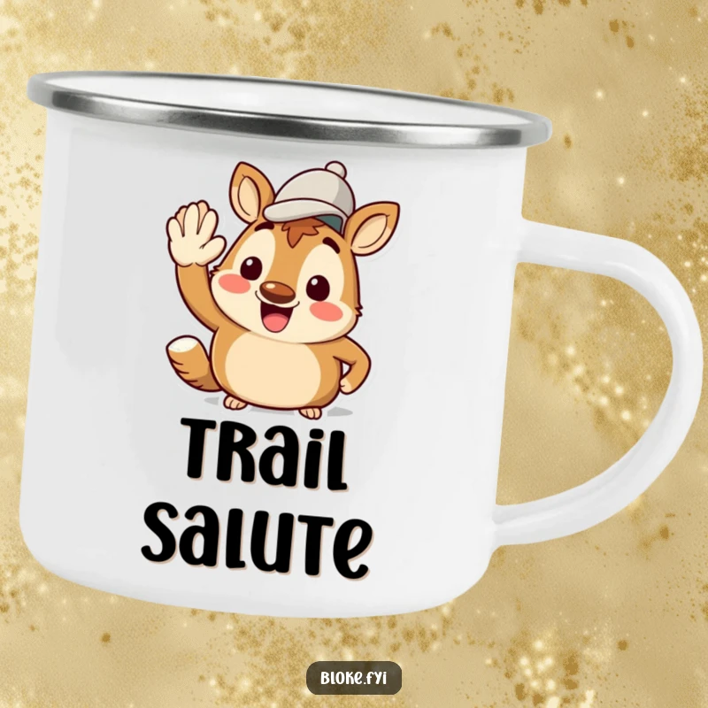 Funny Bloke Animal Camping Mug: Durable mug featuring a character's jaunty salute with a cap, perfect for outdoor enthusiasts and morning brews.