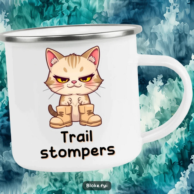 Funny cat with a goofy expression wearing oversized boots, on a rugged camping mug.