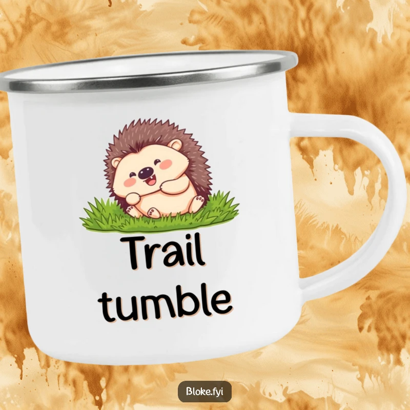 Funny hedgehog with a happy expression, curled and rolling downhill, on a rugged camping mug.