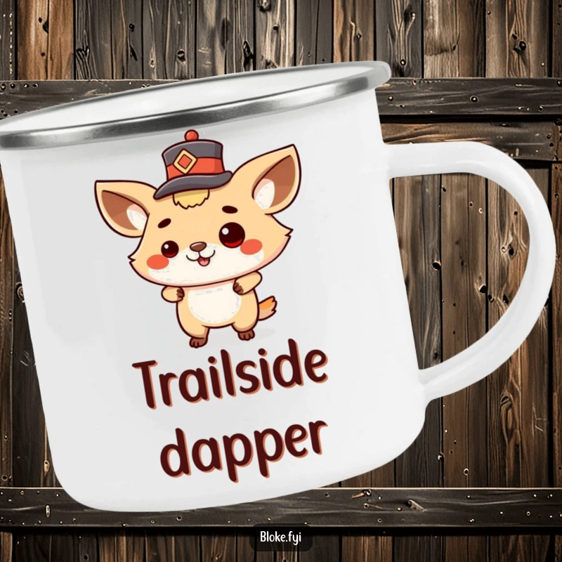 Funny camping mug with a proud animal character tipping a tiny hat, ready for any adventure with confidence.