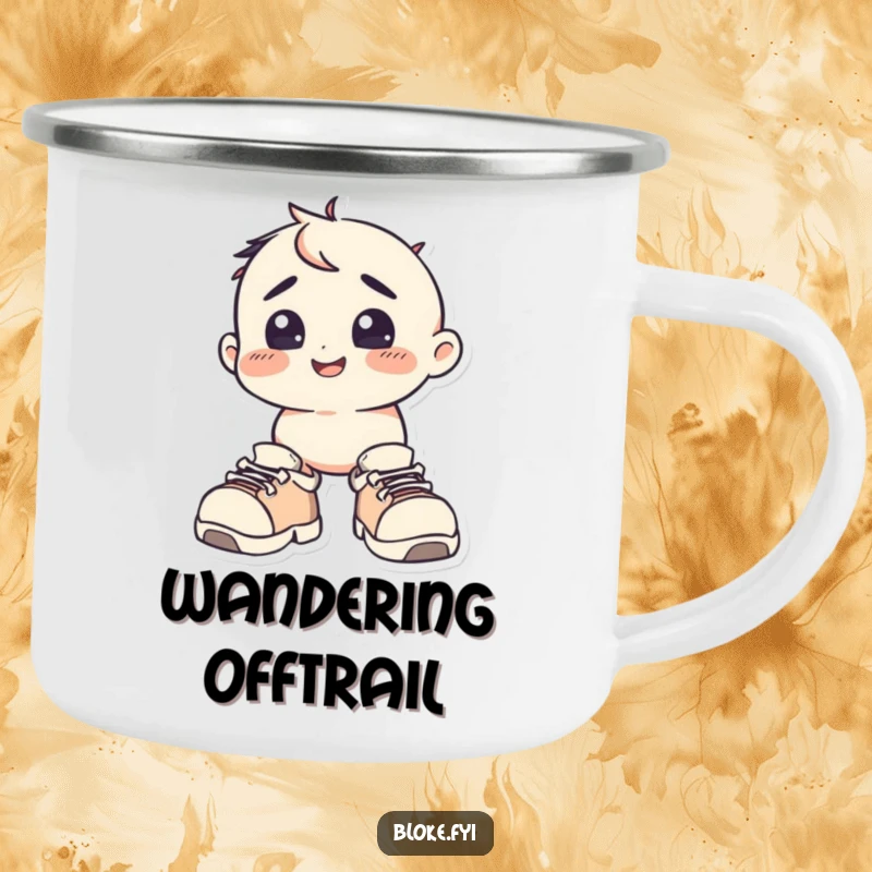 Funny Camping Mug: A squat character in oversized shoes looks bewildered, perfect for outdoor adventures and humorous moments.