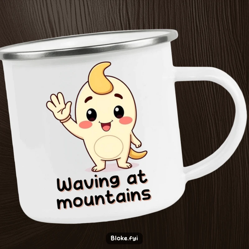 Funny camping mug showing a cartoon fellow character giving a jaunty wave, ideal for friendly outdoor drinks.
