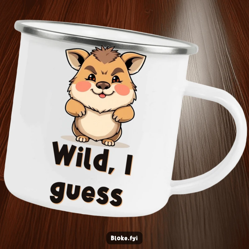 Funny Gruff Animal Camping Mug with a character shrugging its shoulders, radiating friendly grumpiness and outdoor humor.