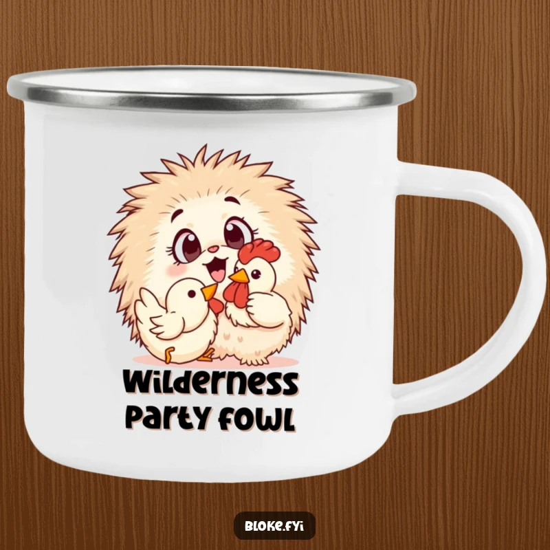 Funny Camping Mug: A fluffy creature plays with a rubber chicken, perfect for outdoor adventures and humorous moments.