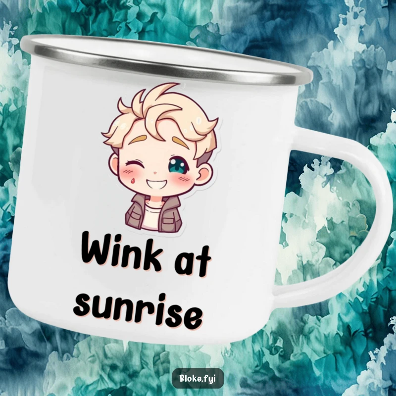 Funny camping mug showing a guy character giving a playful wink, ideal for enjoying drinks outdoors.