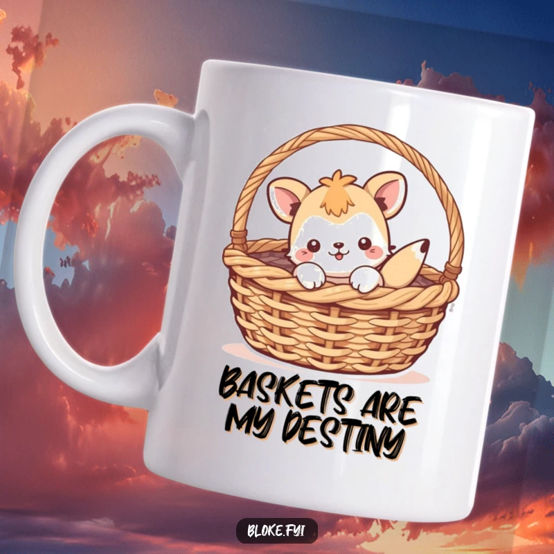 Funny mug showcasing a playful animal character comically stuck inside a large woven basket, perfect for lighthearted moments.