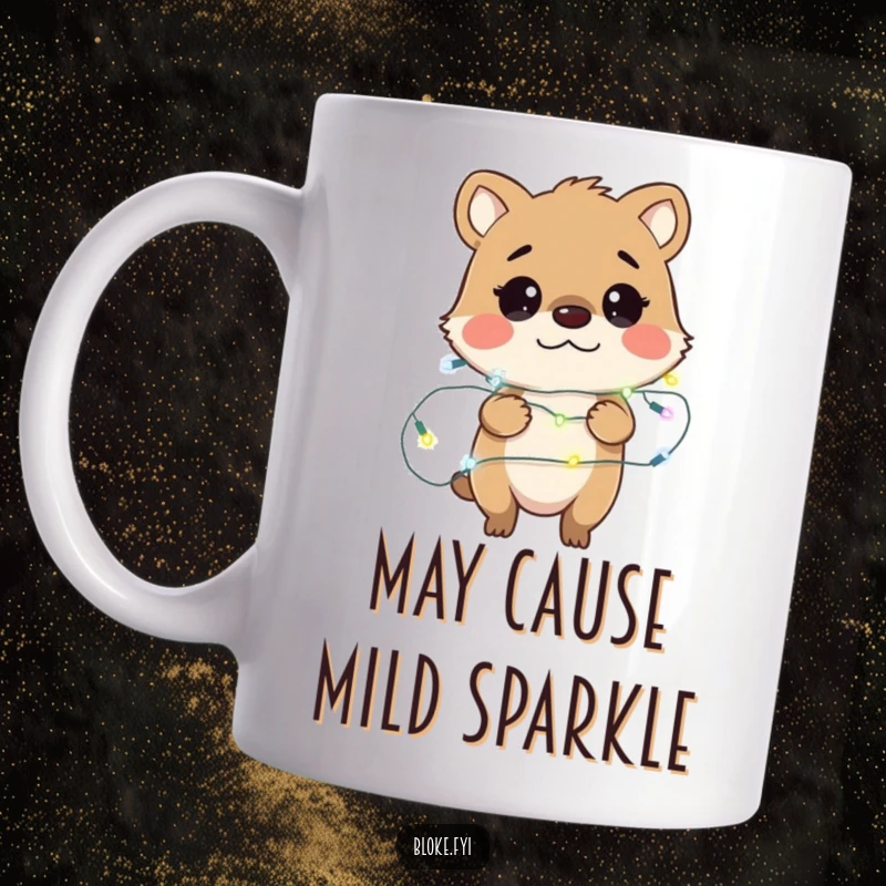 Funny mug featuring a bewildered bloke animal character hilariously tangled in a string of bright fairy lights, conveying festive confusion.