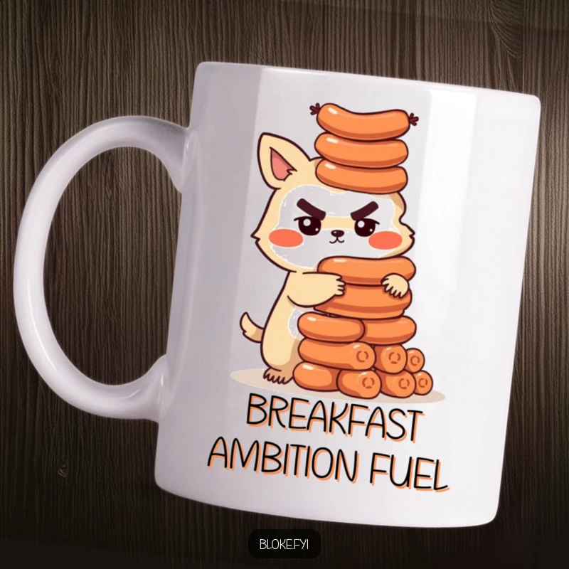 Funny mug with a determined bloke animal character precariously building a tall tower out of sausages, a humorous foodie delight.