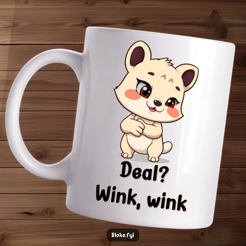 Funny mug showcasing an animal with a mischievous glint offering a handshake, perfect for a humorous gift or personal treat.