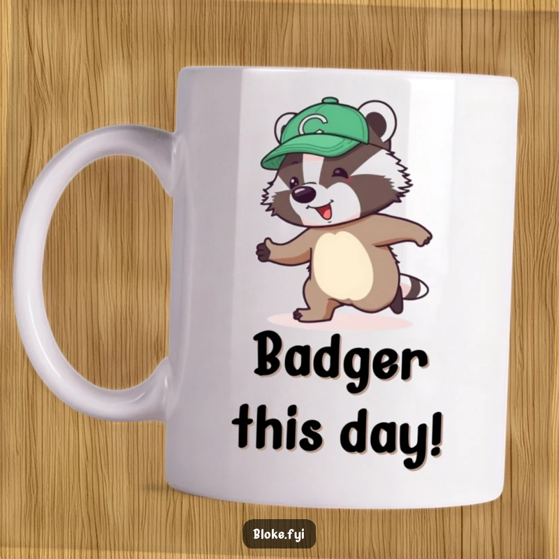 Funny Mug featuring a jolly badger in a cap hilariously and awkwardly attempting to skip, full of good-natured clumsiness.